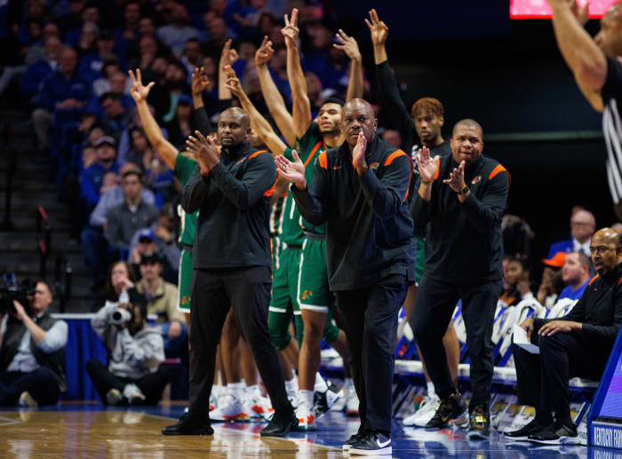Dec 21, 2022; Lexington, Kentucky, USA; Florida A&M Rattlers head coach Robert McCullum celebrates during the first half against the Kentucky Wildcats at Rupp Arena at Central Bank Center.